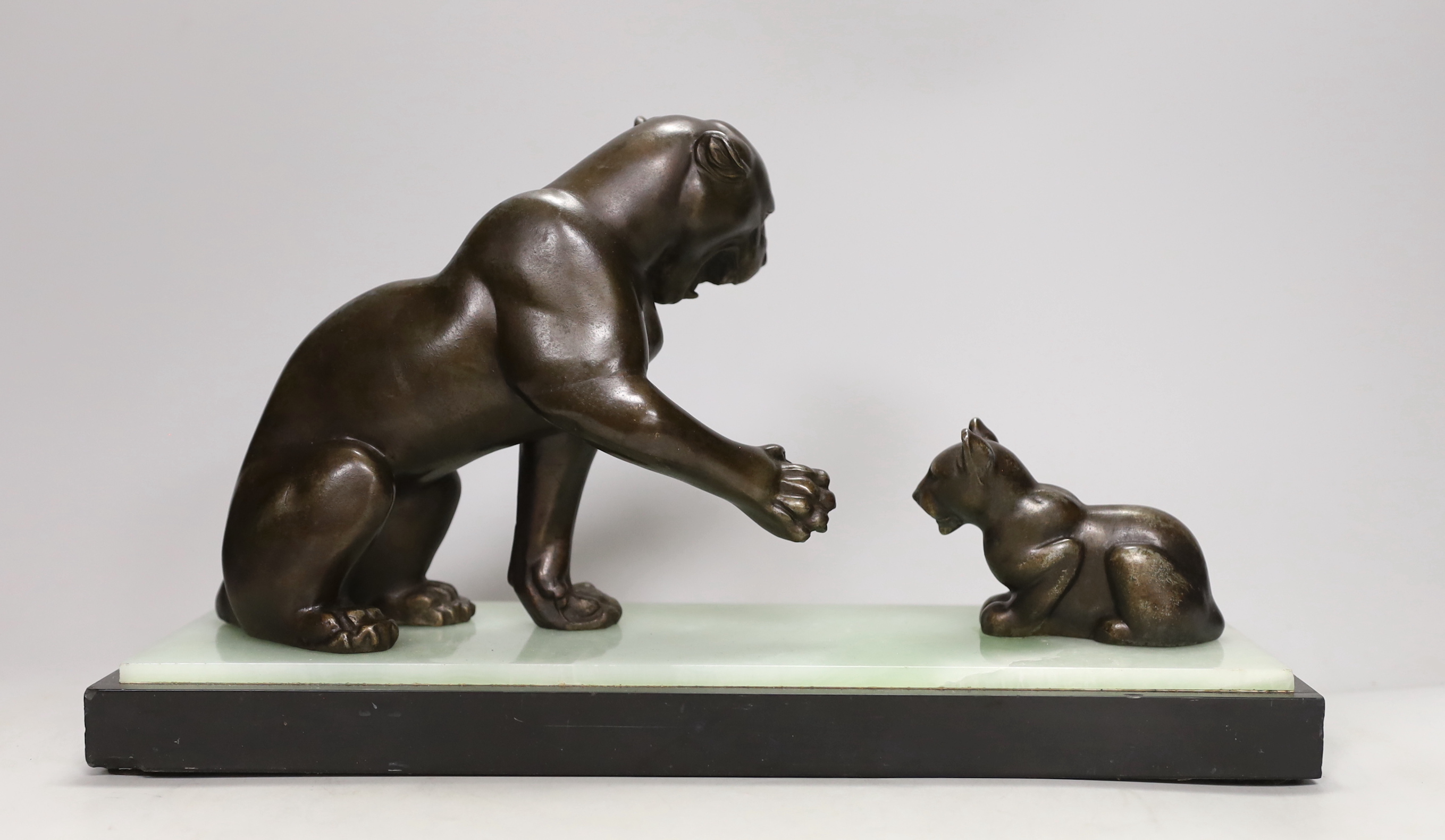 Irénée Rochard (French, 1906 - 1984). An Art Deco bronzed spelter ‘panther and cub’ group, on onyx and marble base, 37cm long